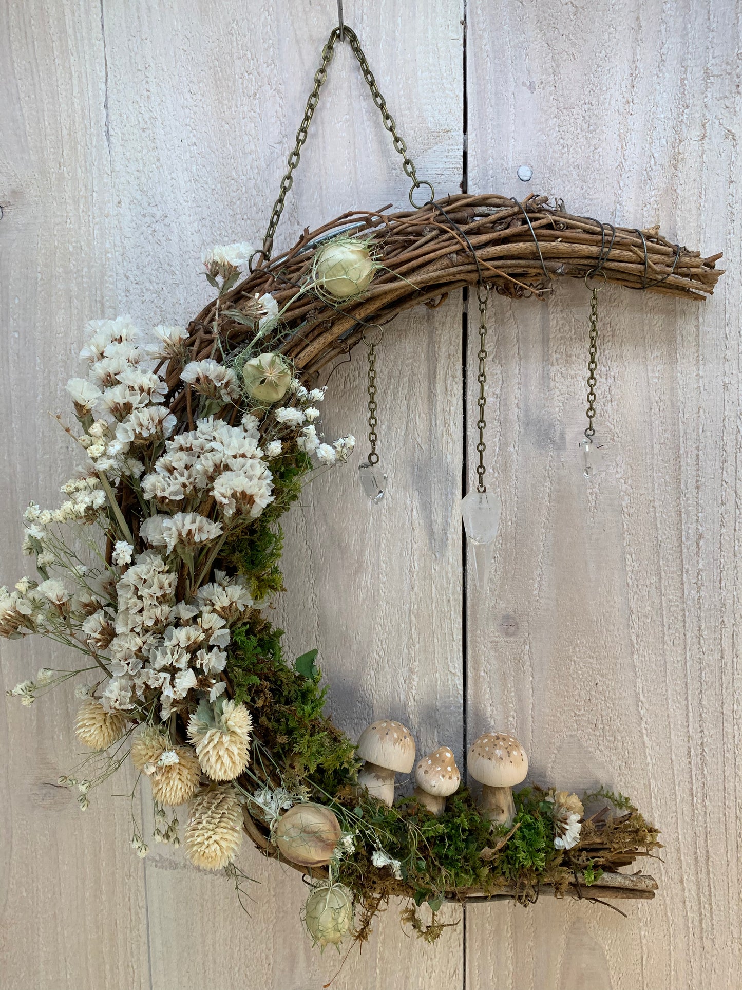White Crescent Moon Wreath with Pendulum and Mushrooms