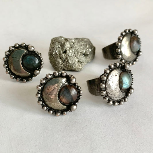 Pyrite Moon and & Labradorite Chunky Ring