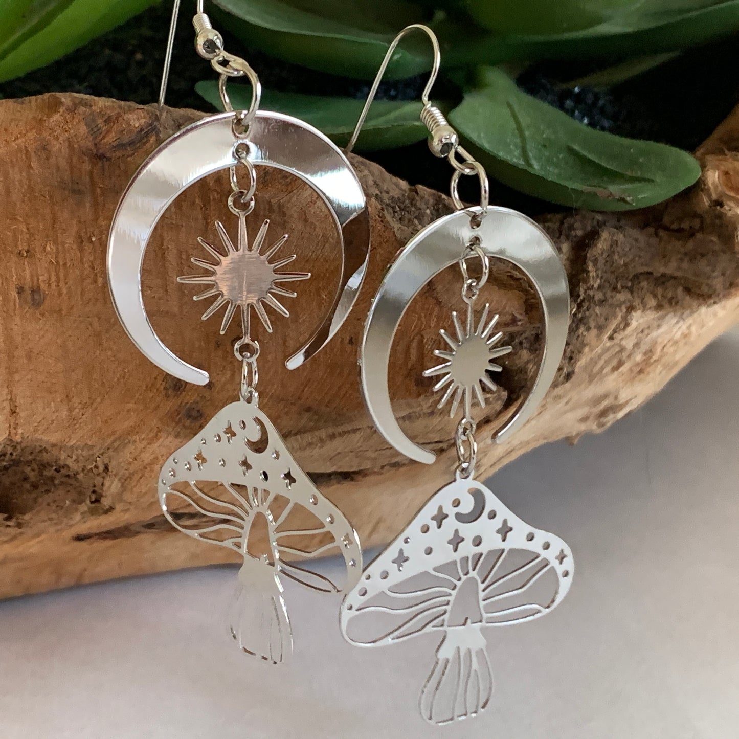 Mushroom with Crescent Moon and Sun Silvertone Earrings