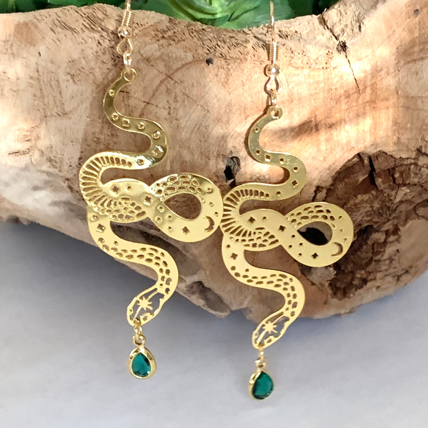 Cosmic Snake with Green Crystal Golden Earrings