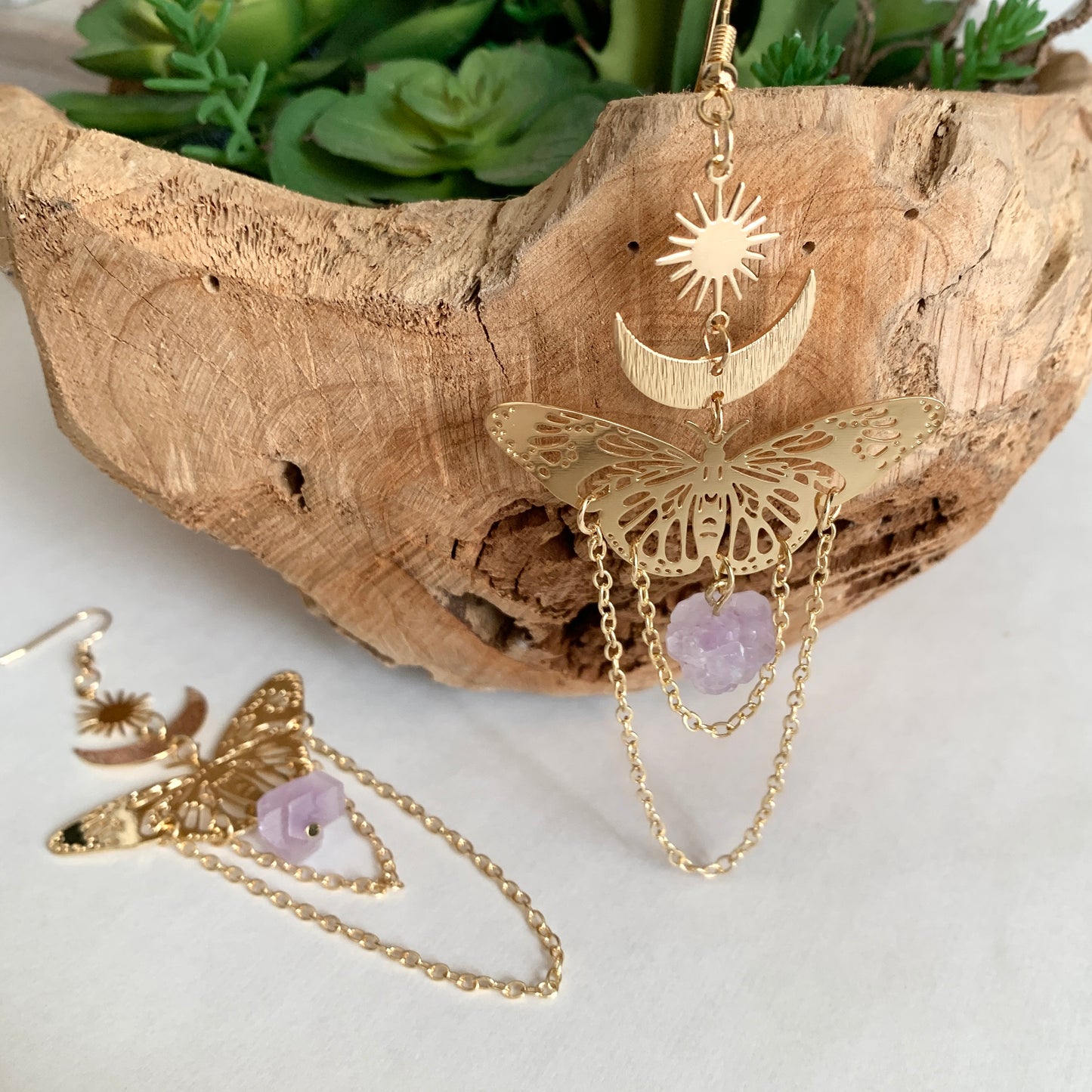 Crescent Moon Butterfly with Amethyst Stone Earrings