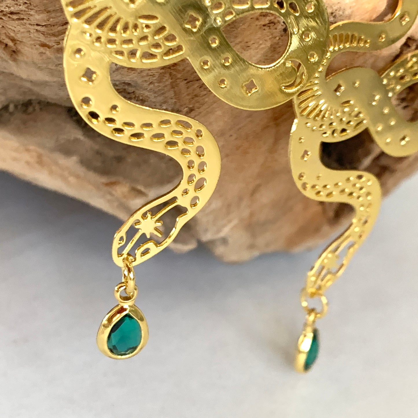 Cosmic Snake with Green Crystal Golden Earrings