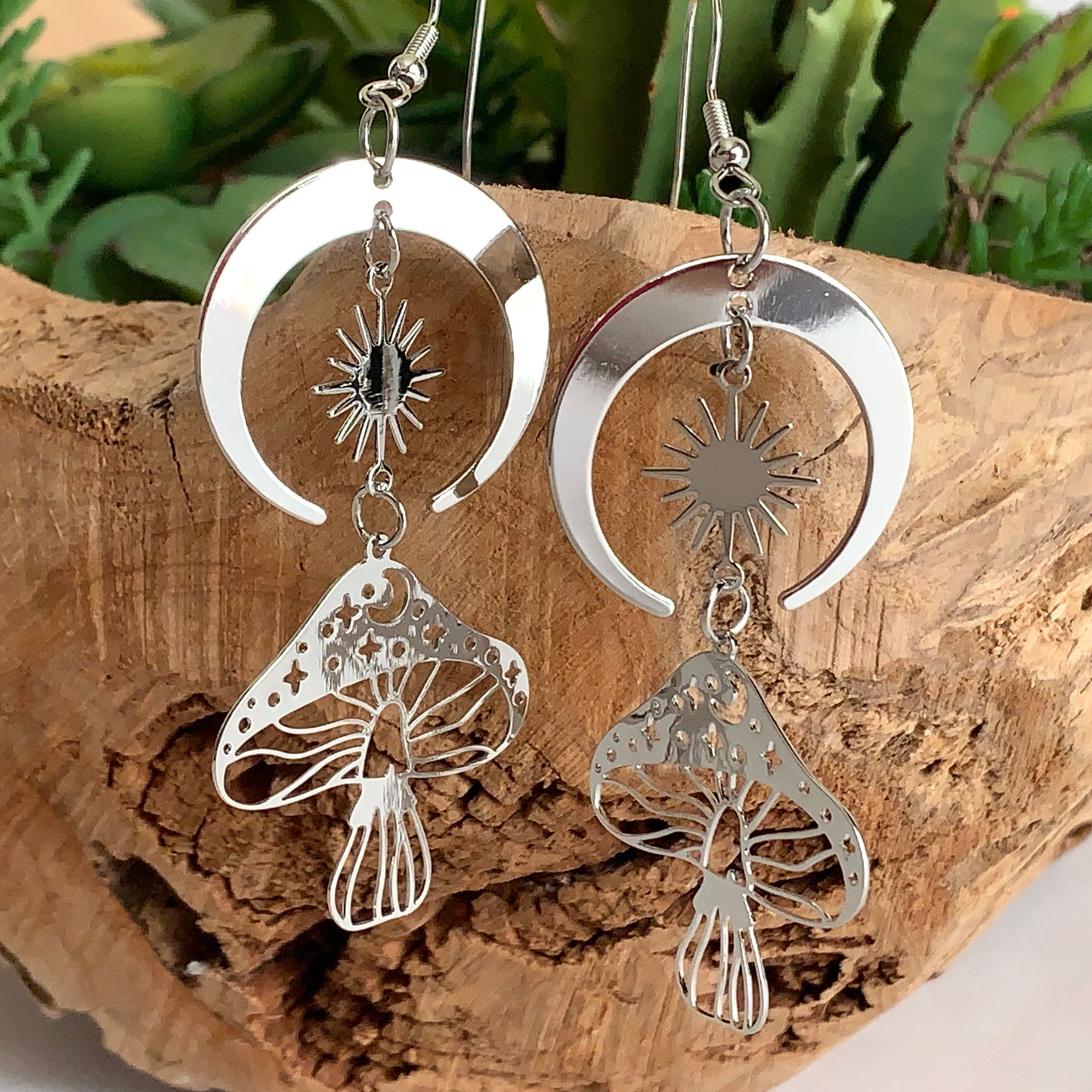 Mushroom with Crescent Moon and Sun Silvertone Earrings