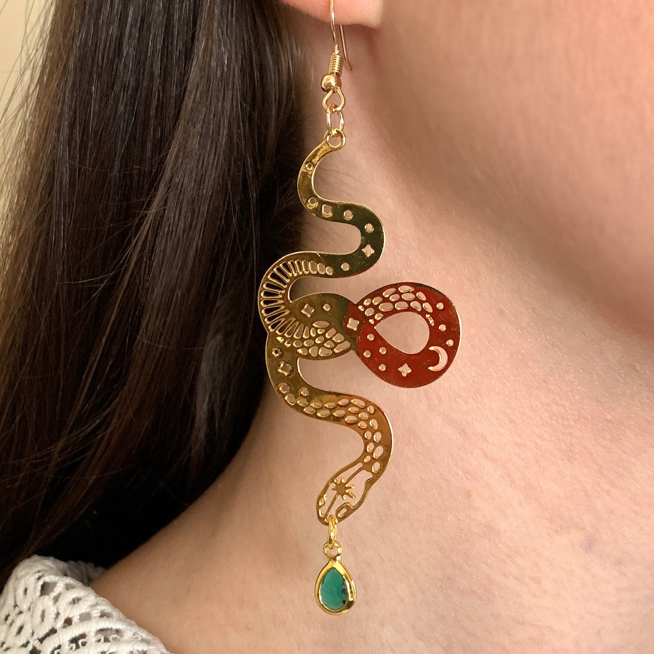 Cosmic Snake with Green Crystal Golden Earrings