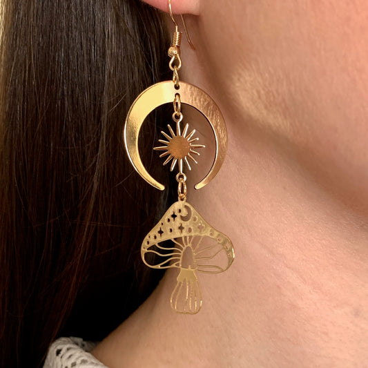 Mushroom with Crescent Moon and Sun Golden Earrings
