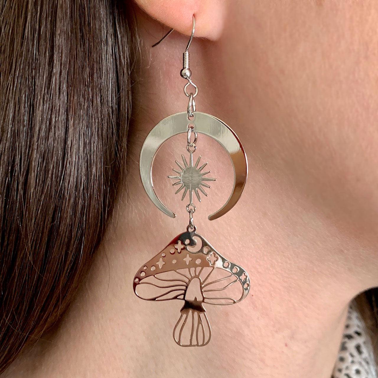 Mushroom with Crescent Moon and Sun Silvertone Earrings