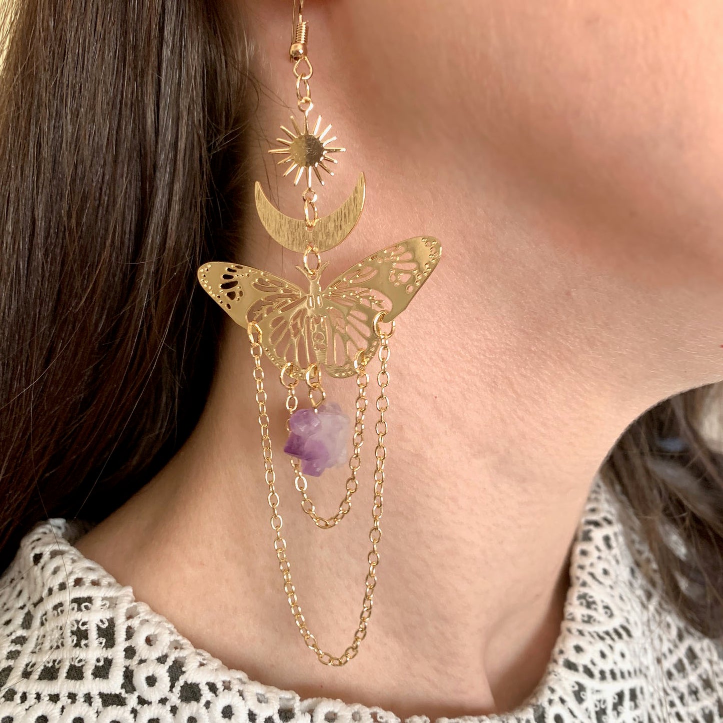 Crescent Moon Butterfly with Amethyst Stone Earrings