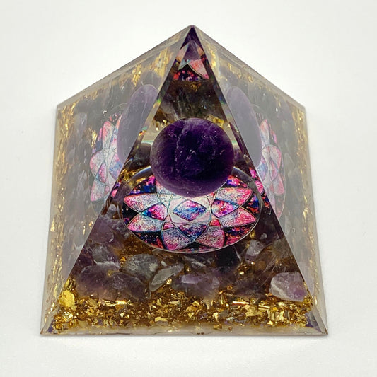 Purple Planet with Lotus Flower Medallion Orgonite Pyramid