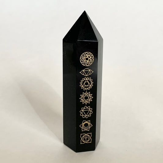 Black Obsidian Tower with Reiki Symbols